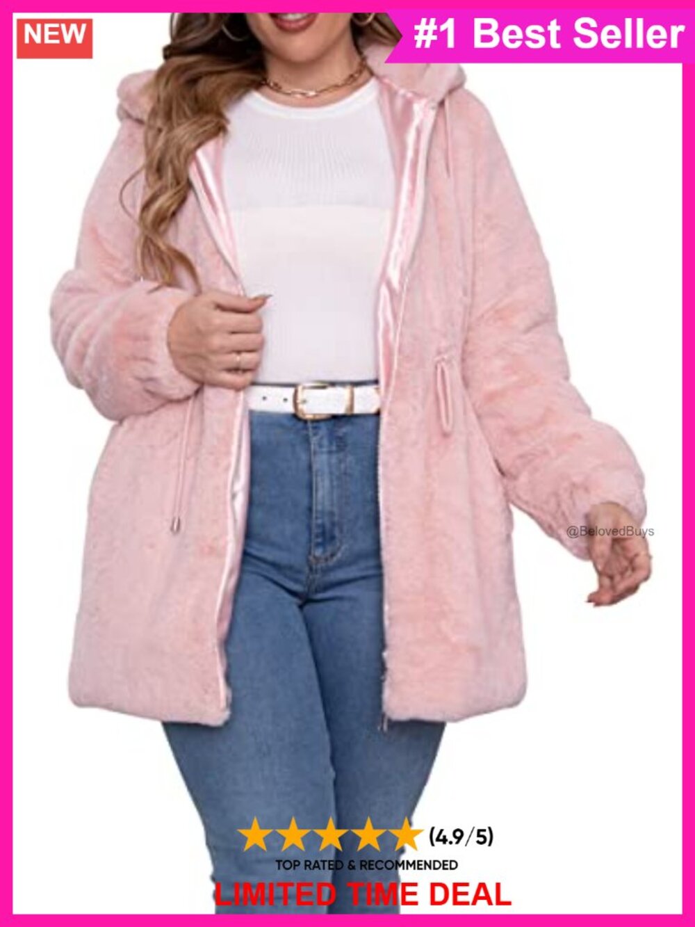 Plus Size Faux Fur Hooded Jacket Winter Fuzzy Zip Coat 1X-5X